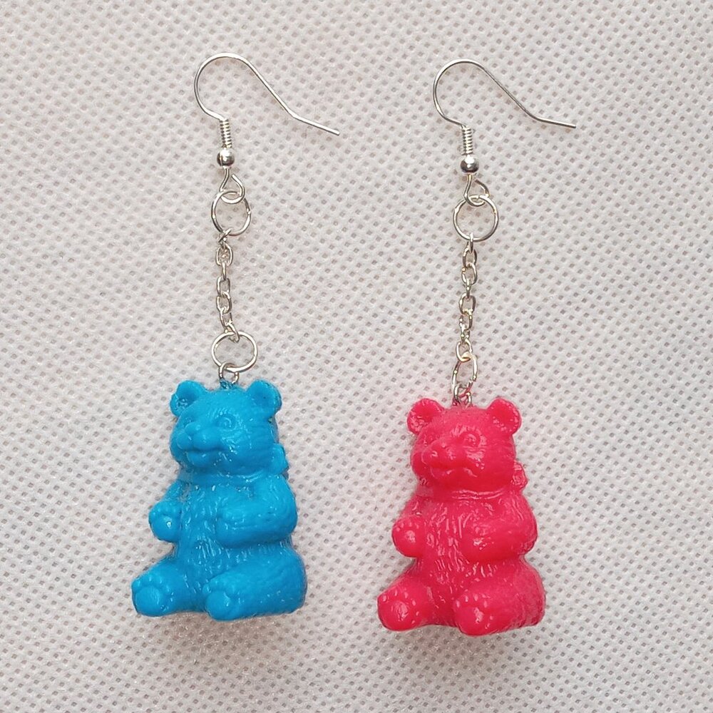 Fun Weird Earrings, Blue & Red Teddy Bear Earrings, Wild, Funky, One of a Kind